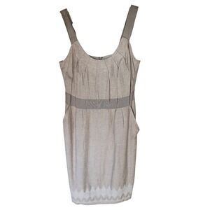 Bebe Linen Blend Sheath Dress Lace Trim Sheer Waist Band Tan Size 8